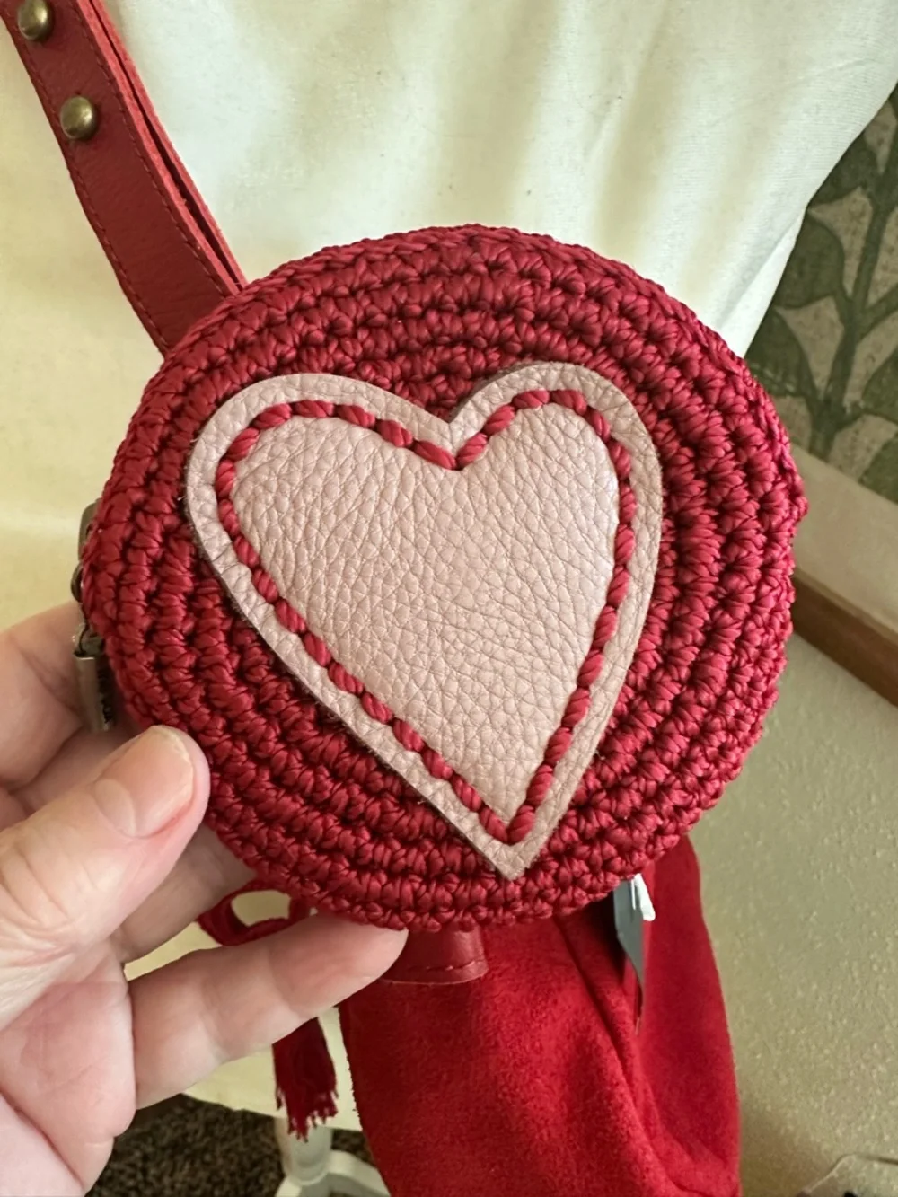 The Sak Tess Sling Bag Red Suede Shoulder Bag with Peace Tassel and Coin Pouch